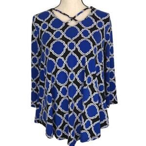 CHICOS Caged Modern Montage Blouse 3/4 Sleeve Knit Womens 0 Enamel Blue Blouse